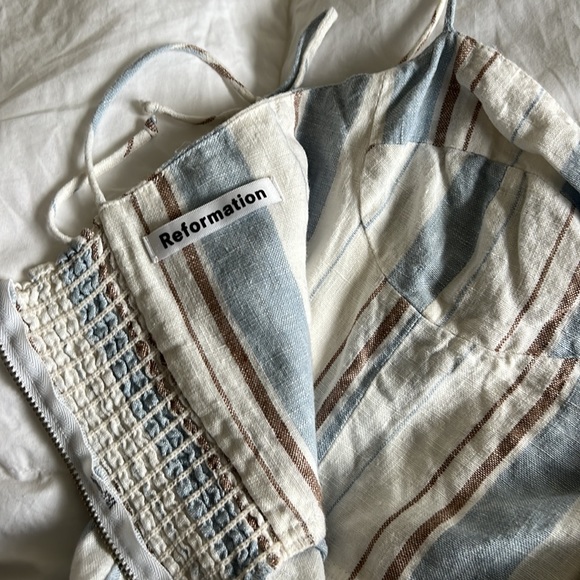 Reformation blue white brown mini linen dress with bustier and tied straps - Picture 5 of 6